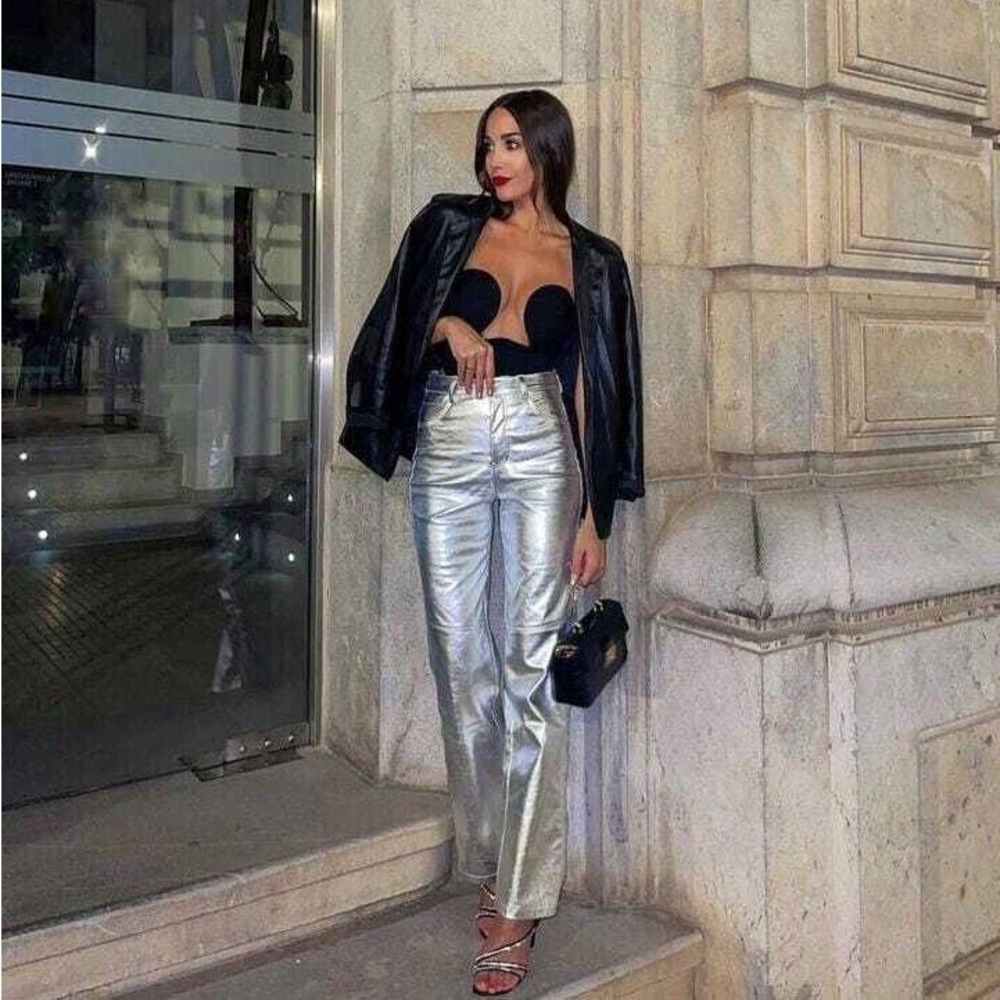 NWT Bershka Metallic Faux Leather Straight Fit Trousers